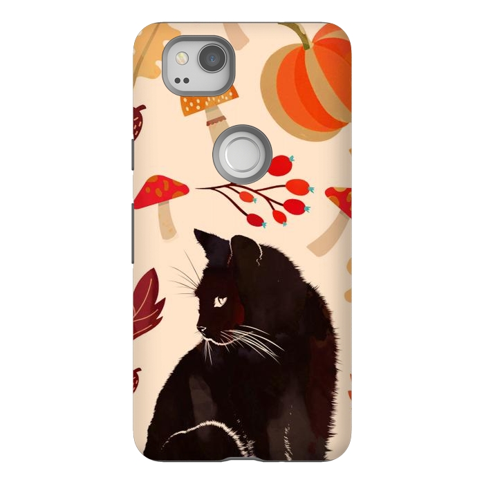 Pixel 2 StrongFit Black cat and autumn woodland pattern - leaves, mushroom, pumpkin by Oana 