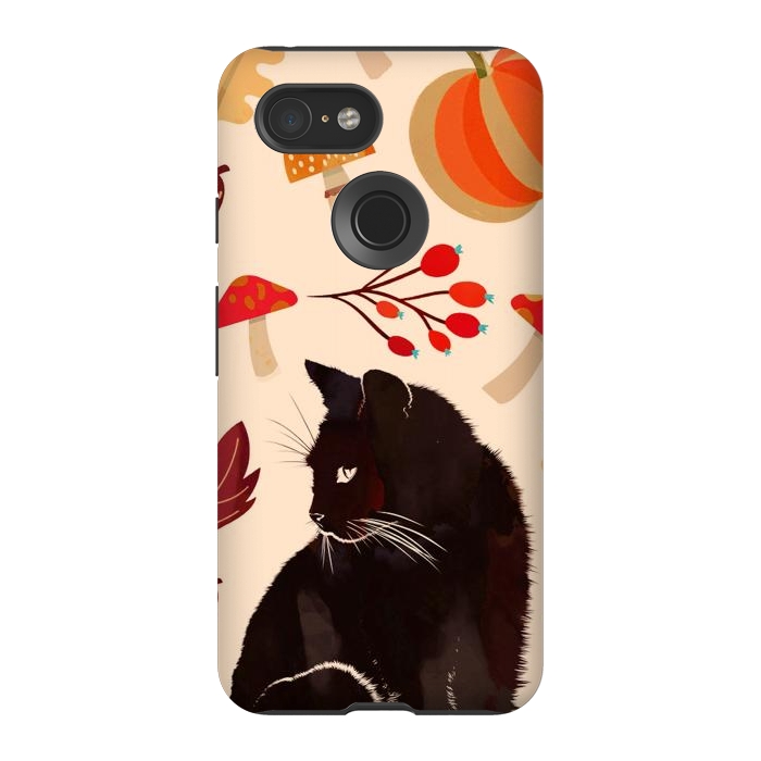 Pixel 3 StrongFit Black cat and autumn woodland pattern - leaves, mushroom, pumpkin by Oana 