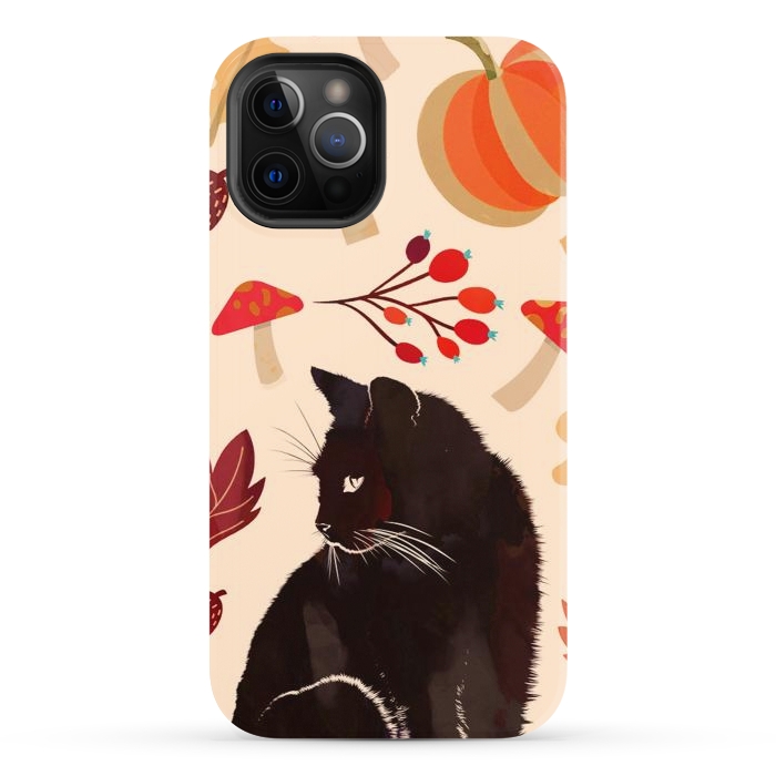 iPhone 12 Pro StrongFit Black cat and autumn woodland pattern - leaves, mushroom, pumpkin by Oana 