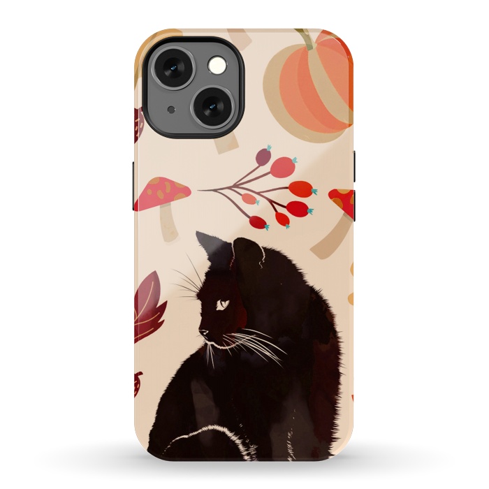 iPhone 13 StrongFit Black cat and autumn woodland pattern - leaves, mushroom, pumpkin by Oana 