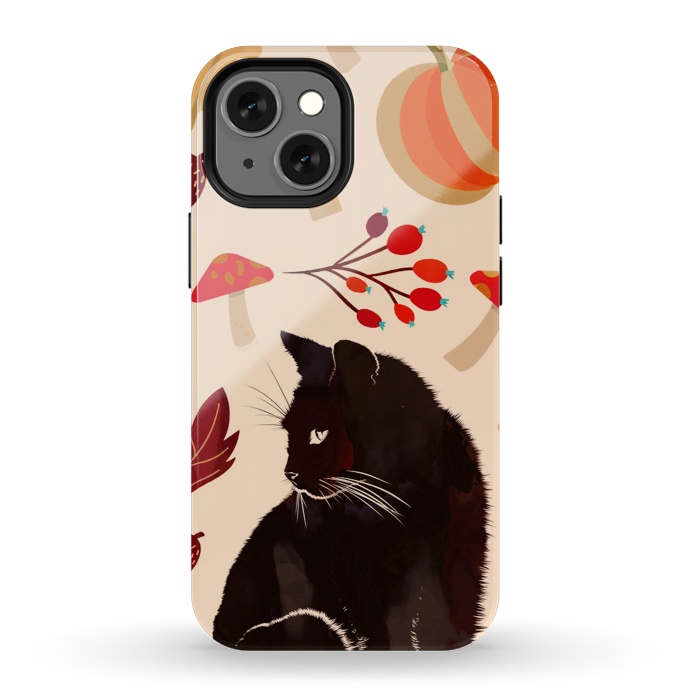 iPhone 13 mini StrongFit Black cat and autumn woodland pattern - leaves, mushroom, pumpkin by Oana 