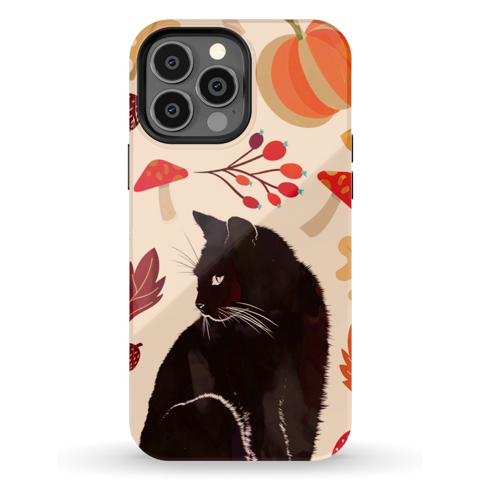 iPhone 13 Pro Max StrongFit Black cat and autumn woodland pattern - leaves, mushroom, pumpkin by Oana 