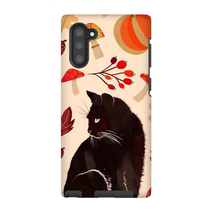 Galaxy Note 10 StrongFit Black cat and autumn woodland pattern - leaves, mushroom, pumpkin by Oana 