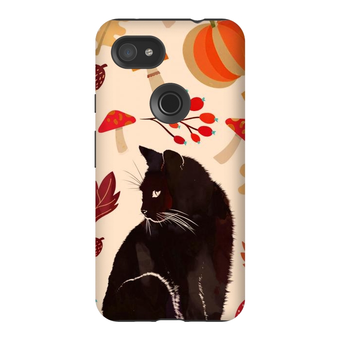 Pixel 3AXL StrongFit Black cat and autumn woodland pattern - leaves, mushroom, pumpkin by Oana 
