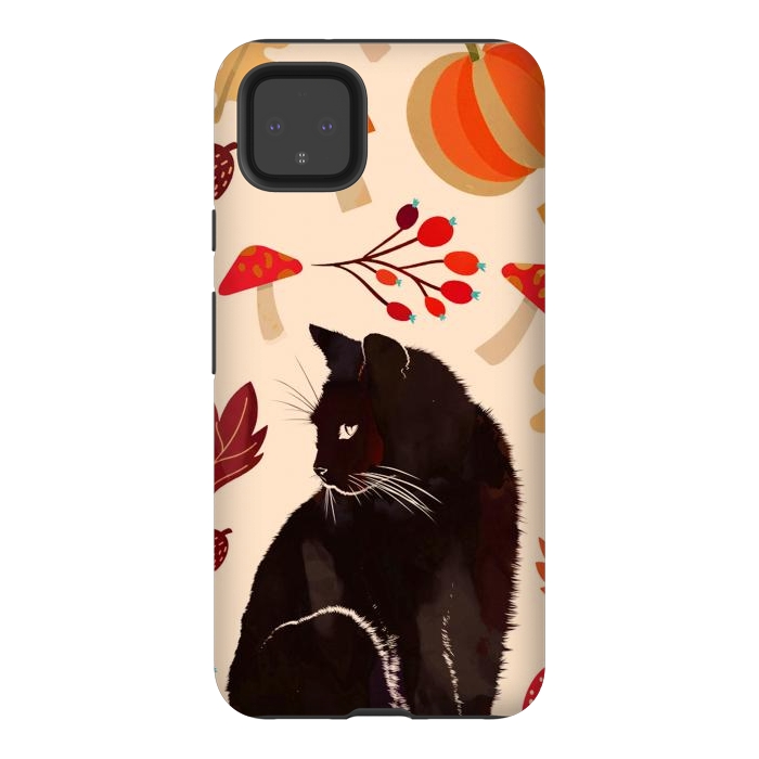 Pixel 4XL StrongFit Black cat and autumn woodland pattern - leaves, mushroom, pumpkin by Oana 