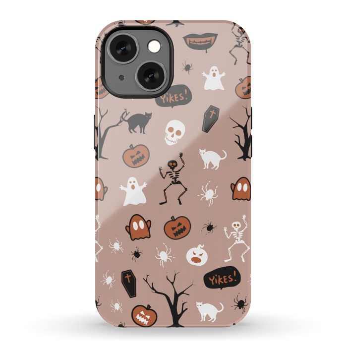 iPhone 13 StrongFit Halloween monsters pattern - skeletons, pumpkins, ghosts, cats, spiders by Oana 