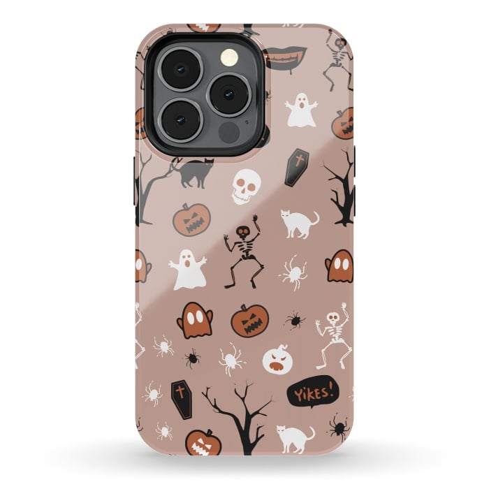 iPhone 13 pro StrongFit Halloween monsters pattern - skeletons, pumpkins, ghosts, cats, spiders by Oana 