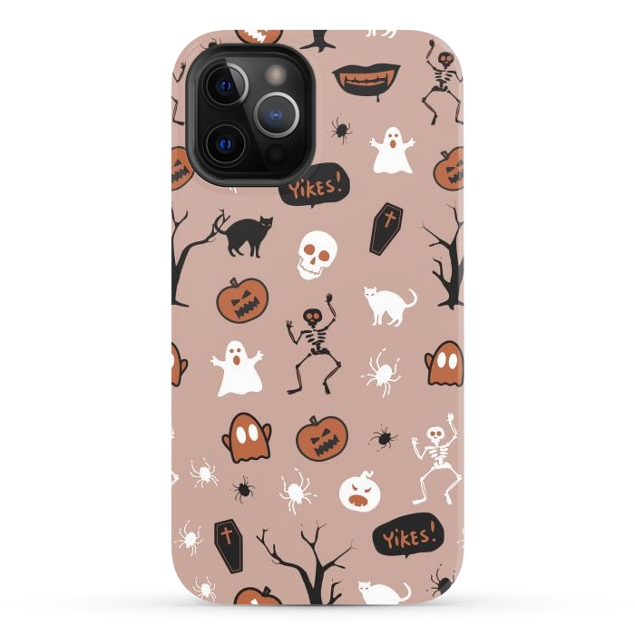 iPhone 12 Pro Max StrongFit Halloween monsters pattern - skeletons, pumpkins, ghosts, cats, spiders by Oana 