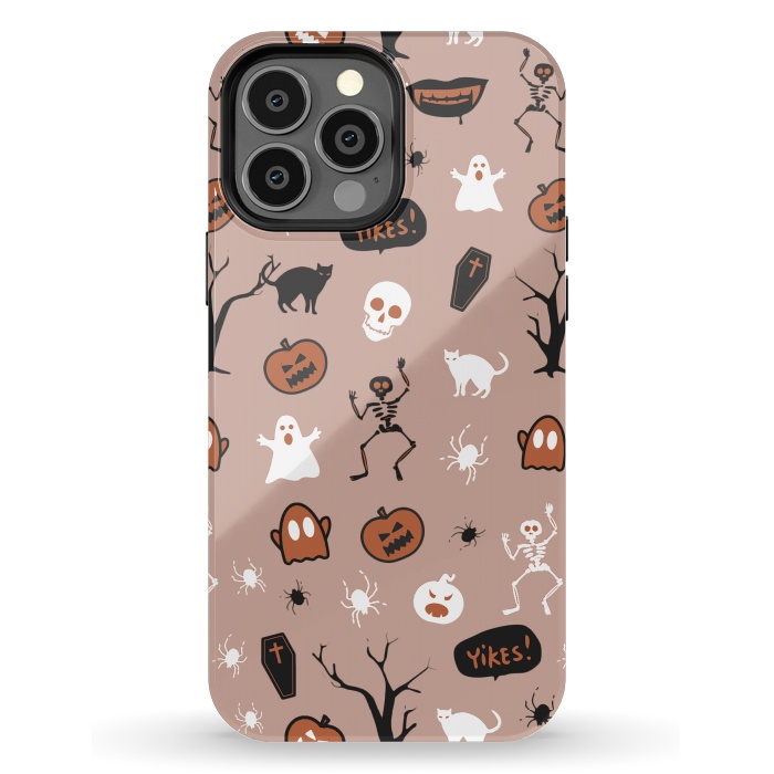 iPhone 13 Pro Max StrongFit Halloween monsters pattern - skeletons, pumpkins, ghosts, cats, spiders by Oana 