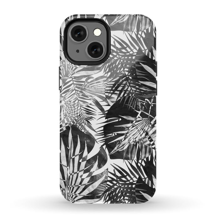 iPhone 13 mini StrongFit Black and white tropical leaves illusion by Oana 