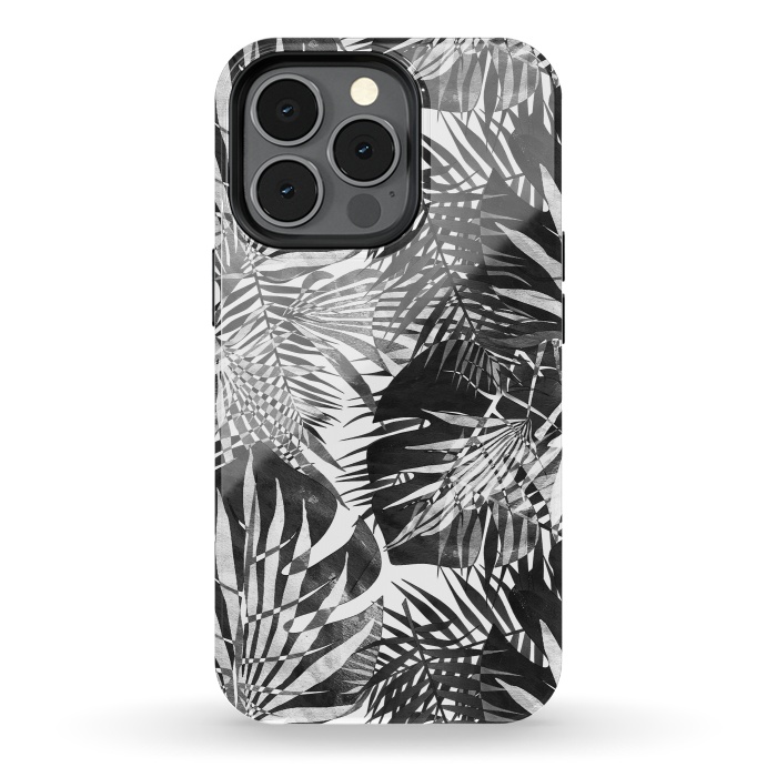 iPhone 13 pro StrongFit Black and white tropical leaves illusion by Oana 