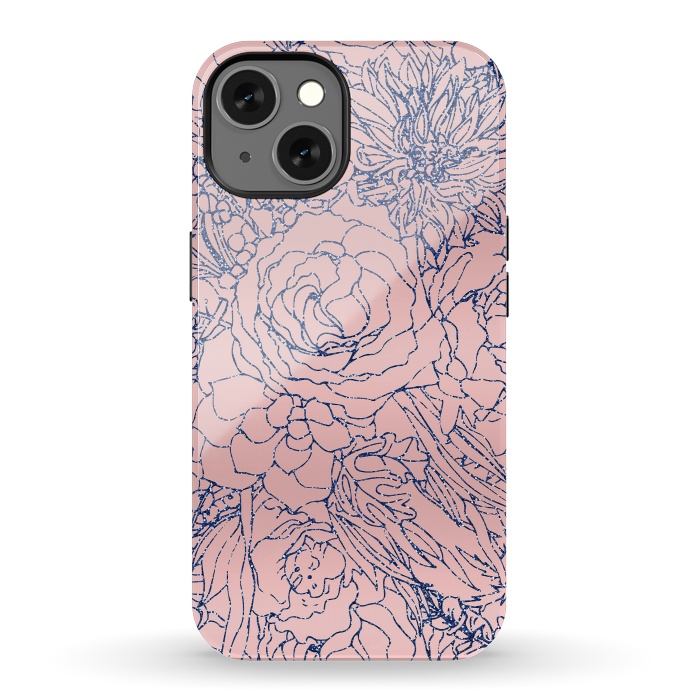 iPhone 13 StrongFit Stylish Metallic Navy Blue and Pink Floral Design by InovArts