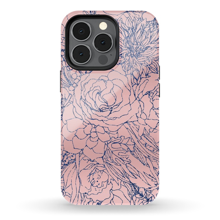 iPhone 13 pro StrongFit Stylish Metallic Navy Blue and Pink Floral Design by InovArts