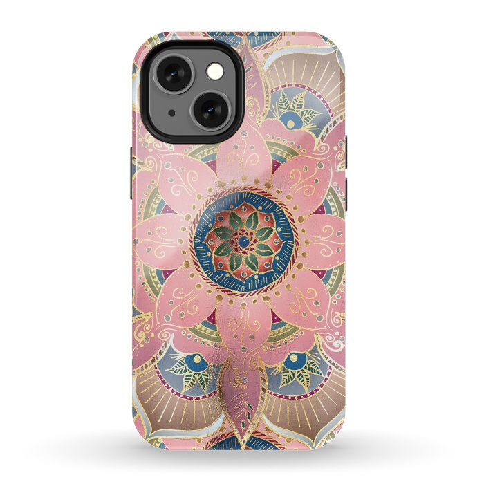 iPhone 13 mini StrongFit Trendy Metallic Gold and Pink Mandala Design by InovArts