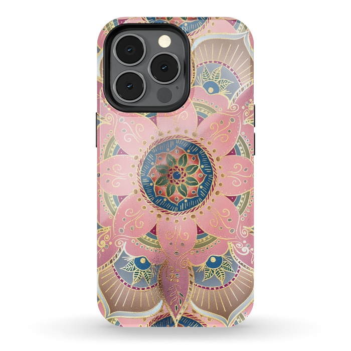 iPhone 13 pro StrongFit Trendy Metallic Gold and Pink Mandala Design by InovArts