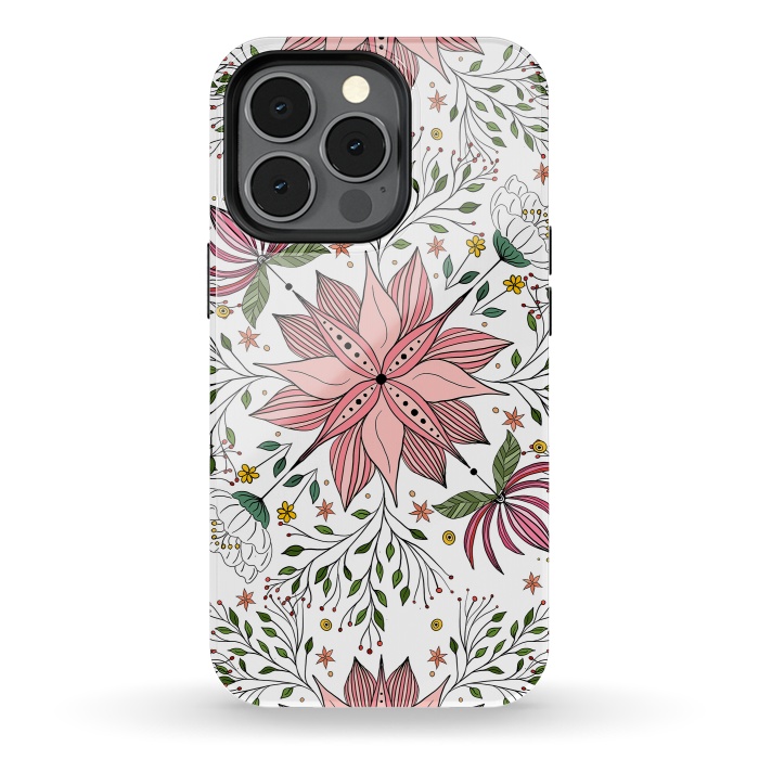 iPhone 13 pro StrongFit Cute Vintage Pink Floral Doodles Tile Art by InovArts
