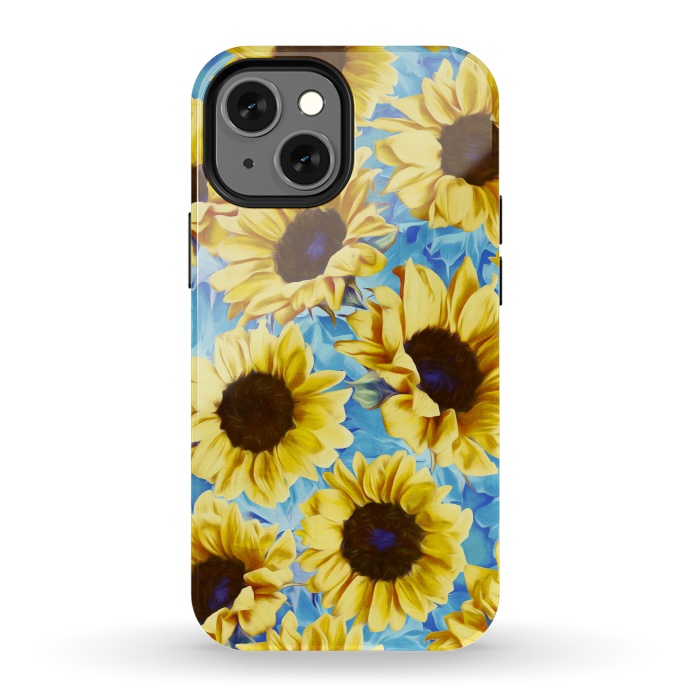 iPhone 13 mini StrongFit Dreamy Sunflowers on Blue by Micklyn Le Feuvre