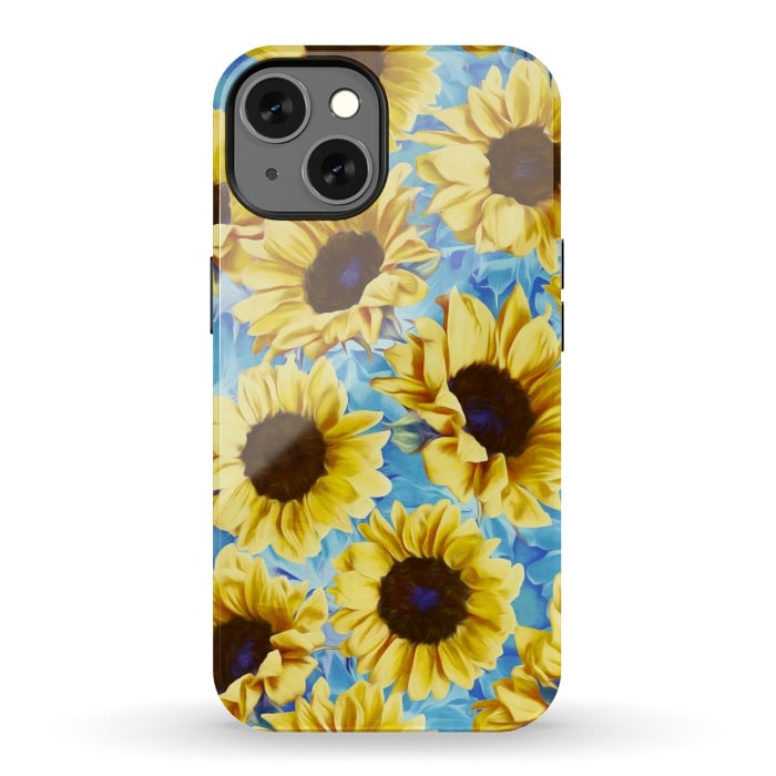 iPhone 13 StrongFit Dreamy Sunflowers on Blue by Micklyn Le Feuvre