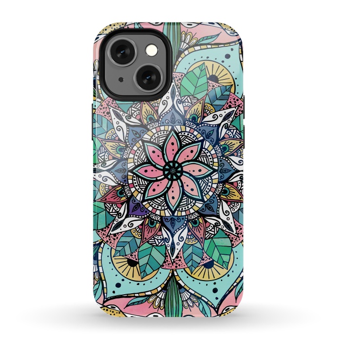 iPhone 13 mini StrongFit Bohemian Colorful Watercolor Floral Mandala by InovArts