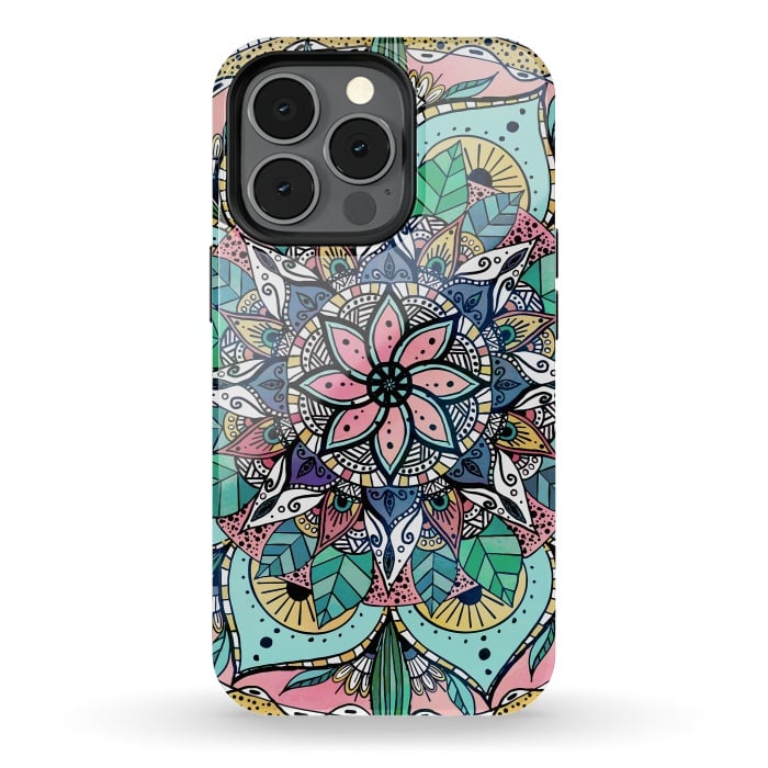 iPhone 13 pro StrongFit Bohemian Colorful Watercolor Floral Mandala by InovArts