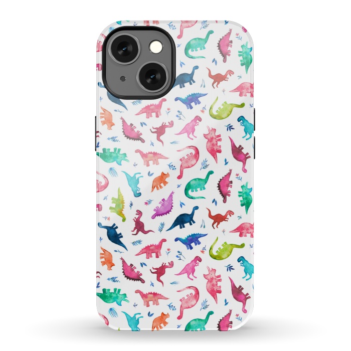 iPhone 13 StrongFit Tiny Ditsy Watercolor Dinosaurs in Rainbow Colors by Micklyn Le Feuvre