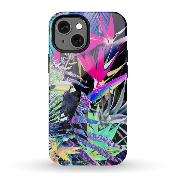 iPhone 13 mini StrongFit Colorful neon toucan and strelitzia jungle pattern by Oana 