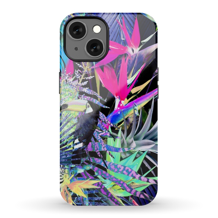 iPhone 13 StrongFit Colorful neon toucan and strelitzia jungle pattern by Oana 