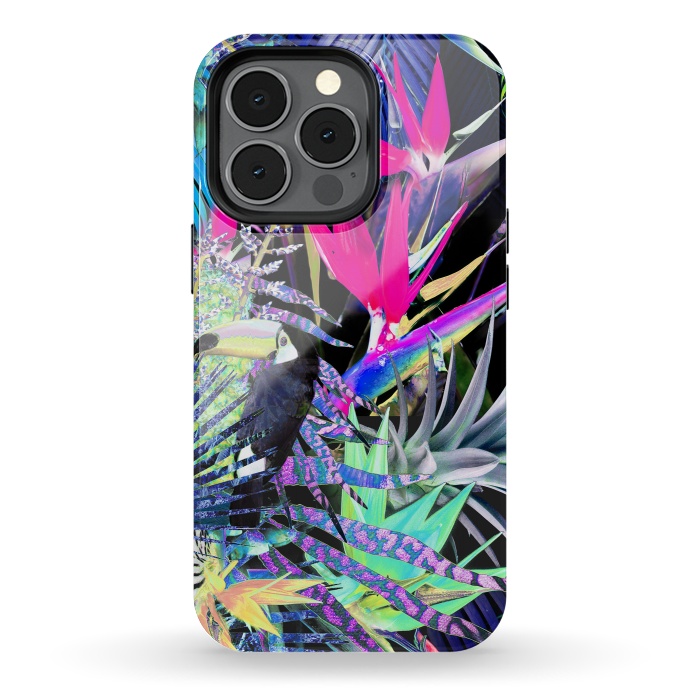 iPhone 13 pro StrongFit Colorful neon toucan and strelitzia jungle pattern by Oana 