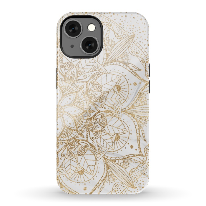 iPhone 13 StrongFit Trendy Gold Floral Mandala Marble Design by InovArts