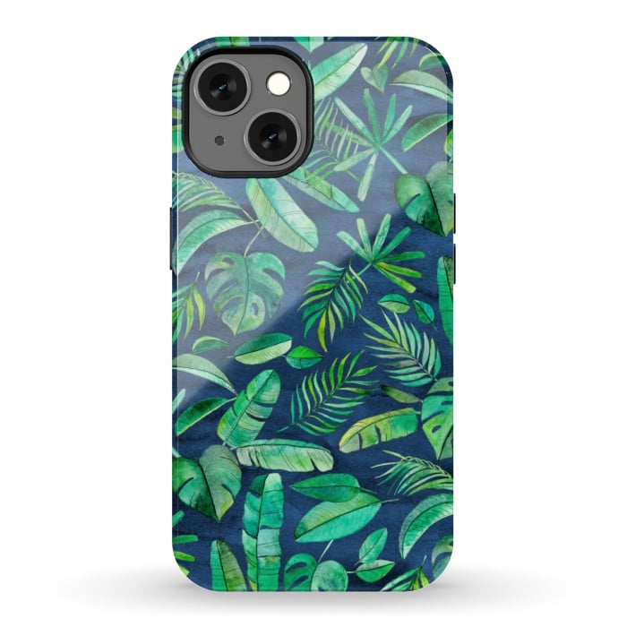 iPhone 13 StrongFit Emerald Tropical Leaf Scatter on textured Navy Blue by Micklyn Le Feuvre