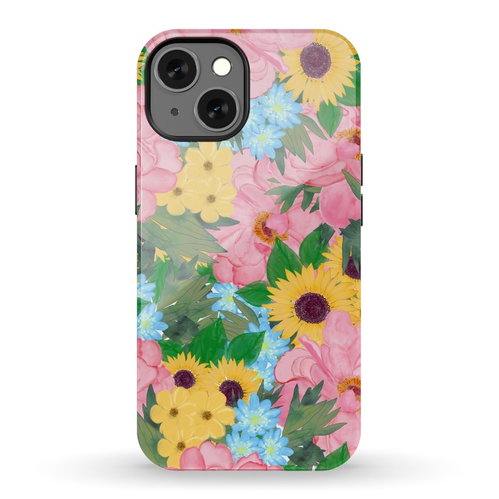 iPhone 13 StrongFit Trendy Pink Peonies Yellow Sunflowers Watercolor paint by InovArts