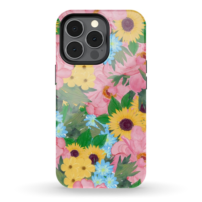 iPhone 13 pro StrongFit Trendy Pink Peonies Yellow Sunflowers Watercolor paint by InovArts