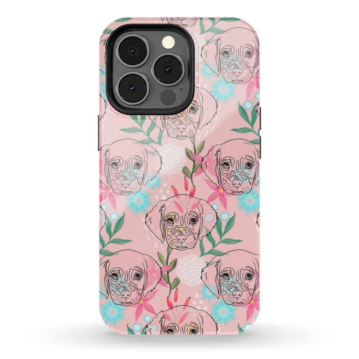 iPhone 13 pro StrongFit Cute Puppy Dog and Flowers Pink Creative Art by InovArts