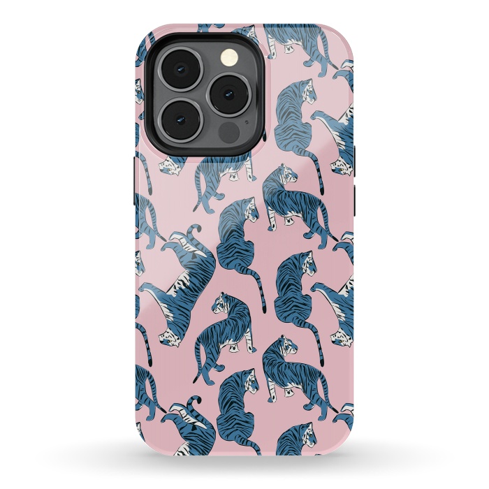 iPhone 13 pro StrongFit Tiger Pattern, blue&pink, 003 by Jelena Obradovic
