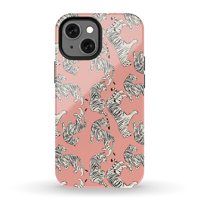 iPhone 13 mini StrongFit Tiger pattern, white on pink, 006 by Jelena Obradovic