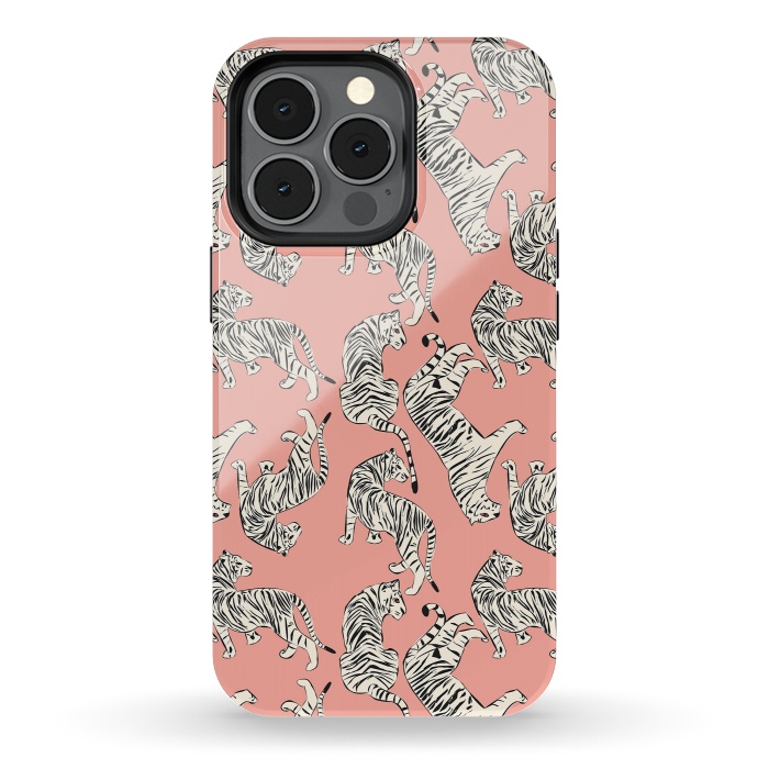 iPhone 13 pro StrongFit Tiger pattern, white on pink, 006 by Jelena Obradovic