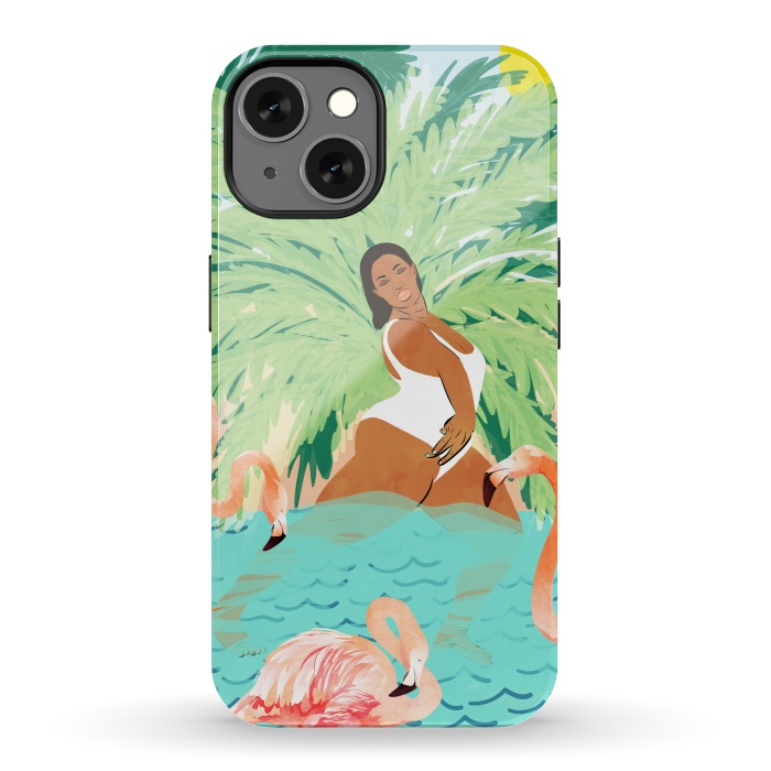 iPhone 13 StrongFit Tropical Summer Water Yoga with Palm & Flamingos | Woman of Color Black Woman Body Positivity by Uma Prabhakar Gokhale
