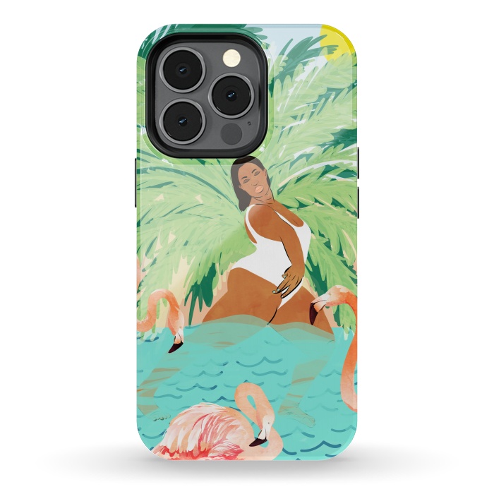 iPhone 13 pro StrongFit Tropical Summer Water Yoga with Palm & Flamingos | Woman of Color Black Woman Body Positivity by Uma Prabhakar Gokhale