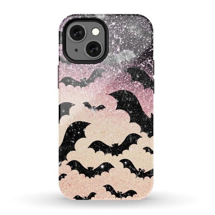 iPhone 13 mini StrongFit Bats in glitter starry night - Halloween by Oana 