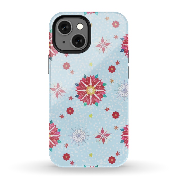 iPhone 13 mini StrongFit Trendy Winter Red Poinsettias White Snowflakes Pattern by InovArts