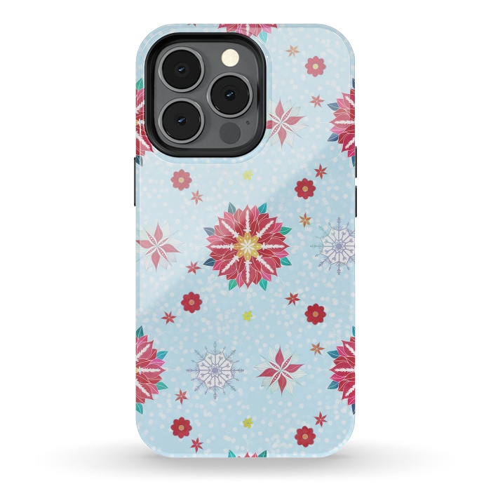 iPhone 13 pro StrongFit Trendy Winter Red Poinsettias White Snowflakes Pattern by InovArts