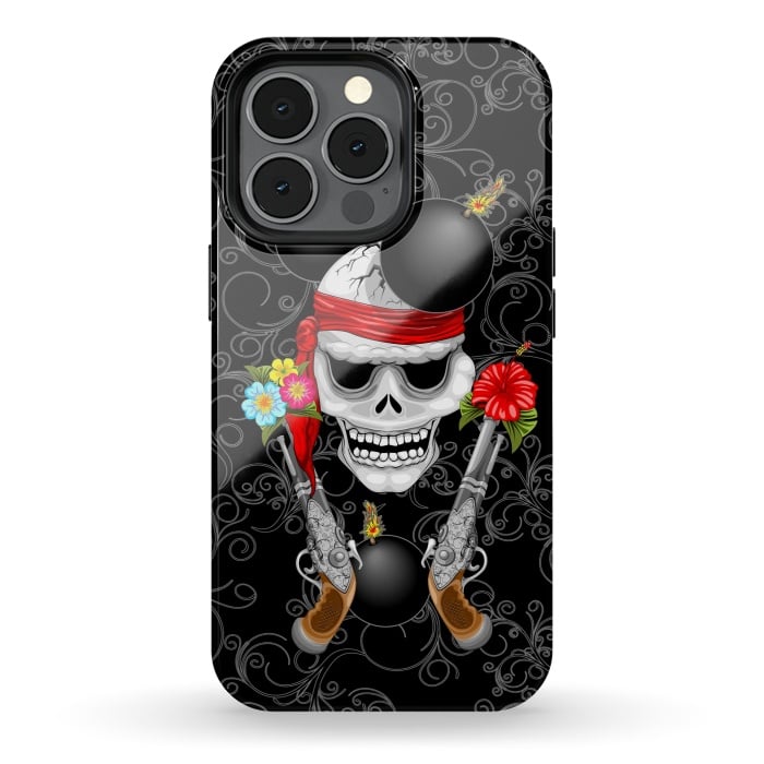 iPhone 13 pro StrongFit Pirate Skull, Ancient Guns, Flowers and Cannonballs by BluedarkArt