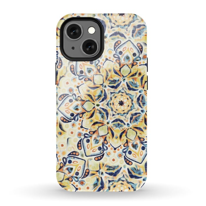 iPhone 13 mini StrongFit Stained Glass Mandala - Mustard Yellow & Navy  by Tigatiga