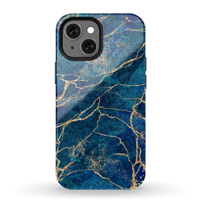 iPhone 13 mini StrongFit Blue Marble with Gold Glitter Veins Fake Stone Texture by ArtsCase