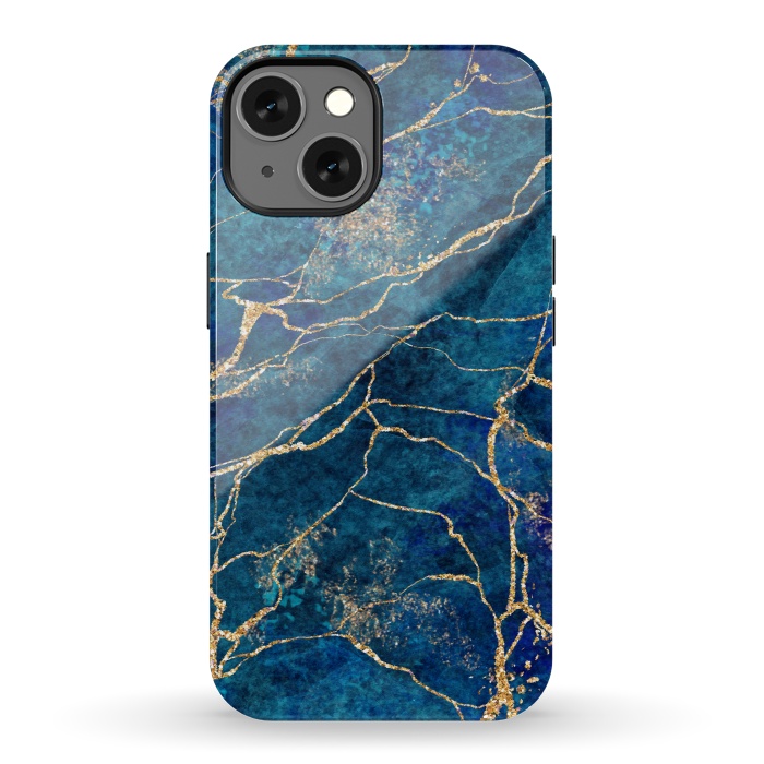 iPhone 13 StrongFit Blue Marble with Gold Glitter Veins Fake Stone Texture by ArtsCase