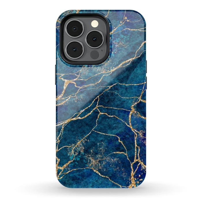iPhone 13 pro StrongFit Blue Marble with Gold Glitter Veins Fake Stone Texture by ArtsCase