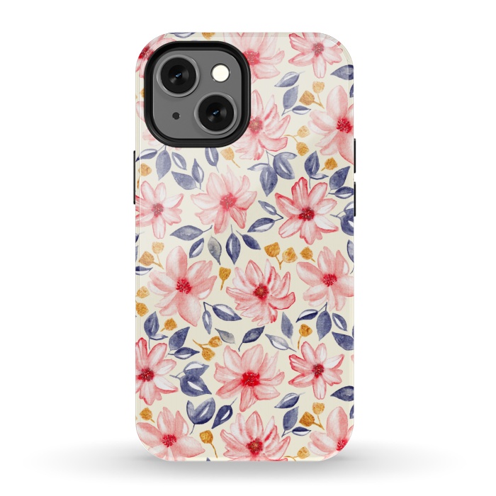 iPhone 13 mini StrongFit Navy, Gold & Pink Watercolor Floral - Cream  by Tigatiga