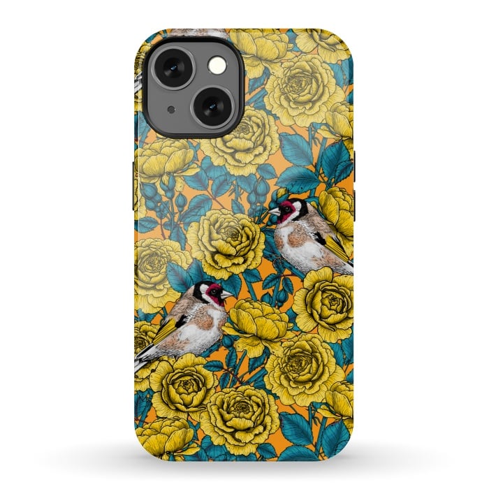 iPhone 13 StrongFit Rose flowers and goldfinch birds by Katerina Kirilova