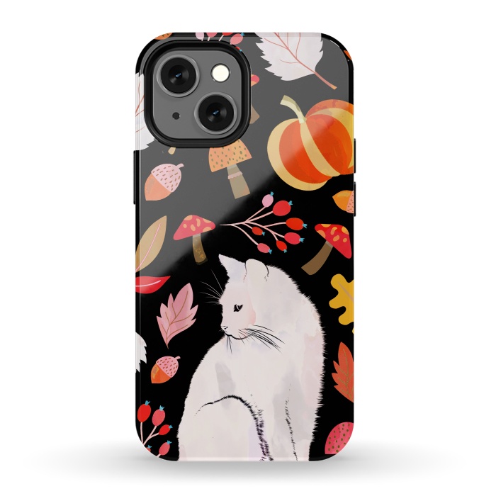 iPhone 13 mini StrongFit Autumn nature pattern with white cat by Oana 