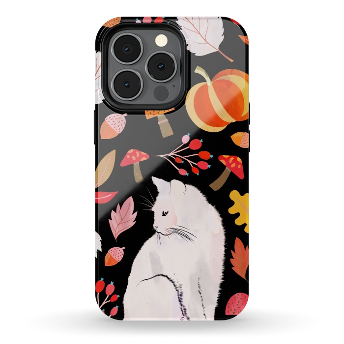iPhone 13 pro StrongFit Autumn nature pattern with white cat by Oana 